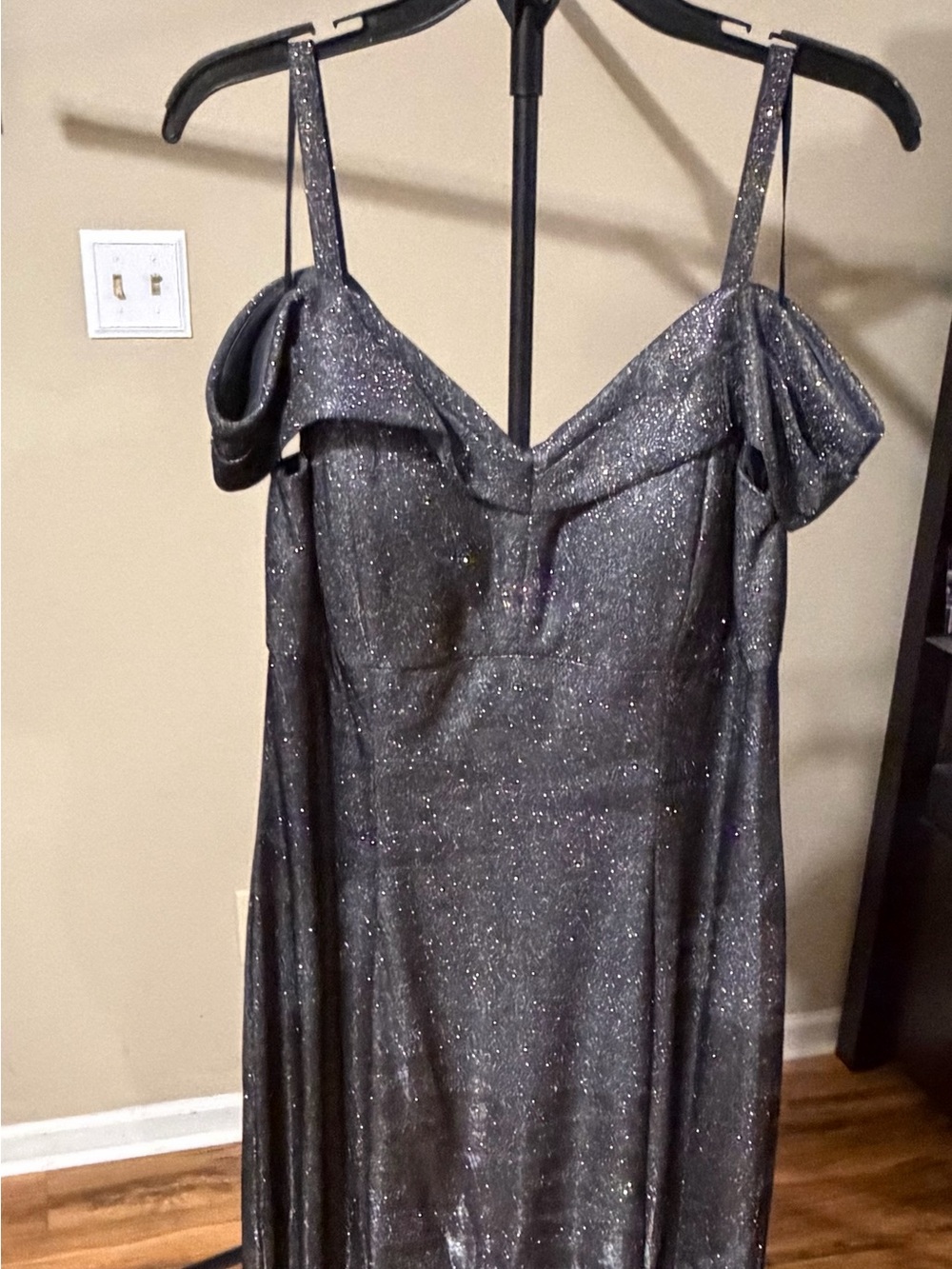 Sparkle Off-Shoulder Evening Dress - Shimmery Charcoal Size 14